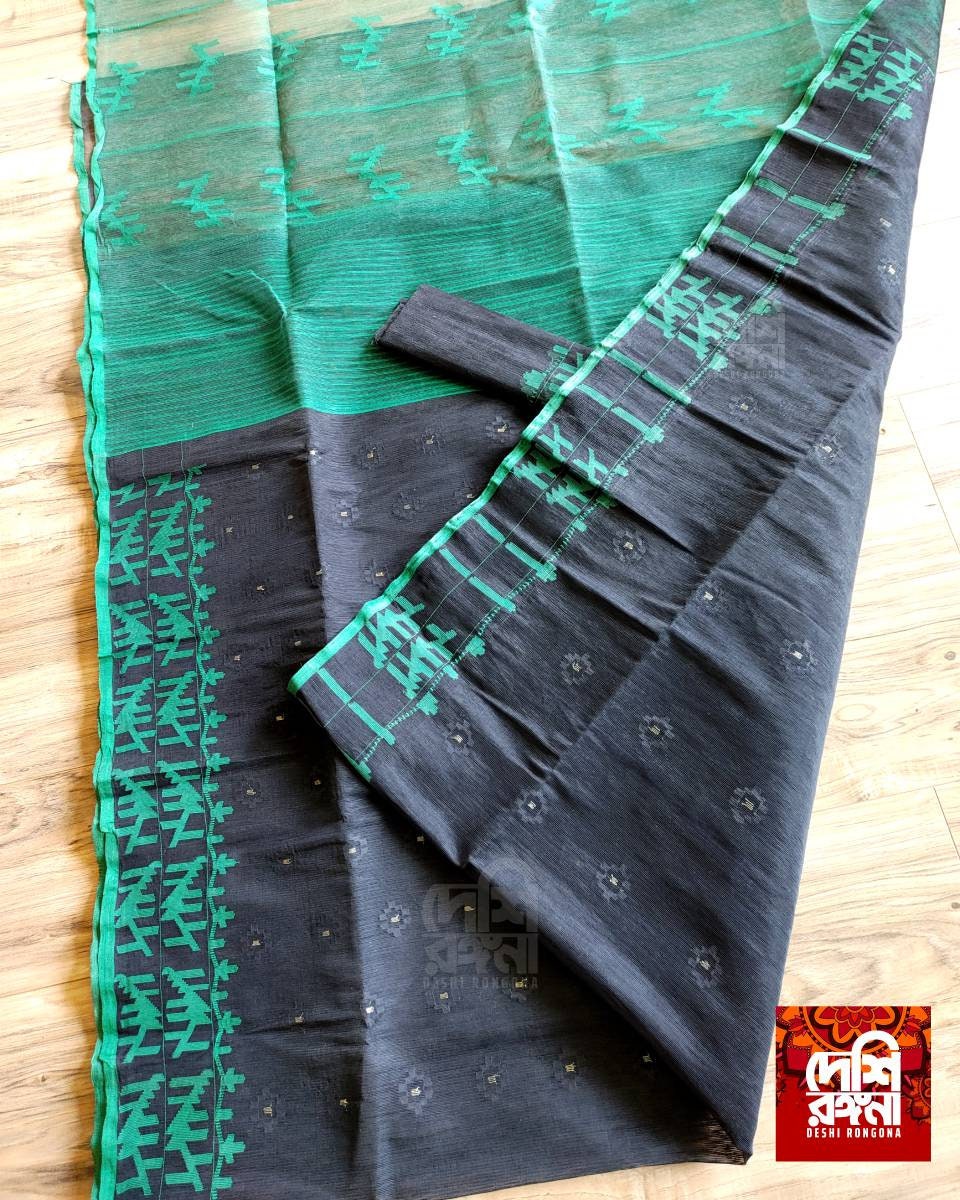 Exclusive Dhakai Jamdani Saree Black/Green Contrast Work, Handloom Jamdani 84 count threaded, Traditional,Elegant, Classy Saree