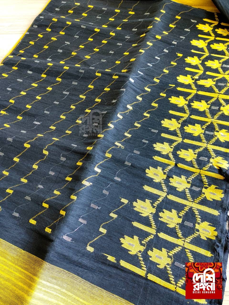 Exclusive Dhakai Jamdani Saree Black/Yellow Contrast Work, Handloom Jamdani 64 count threaded, Traditional,Elegant, Classy Saree