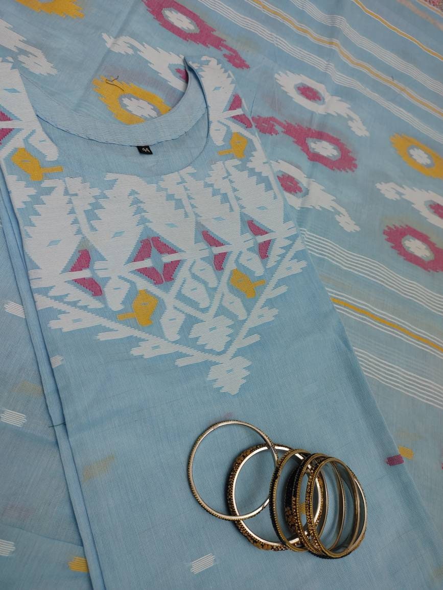 Exclusive Handloom Dhakai Jamdani Cotton 2 piece, 100% Cotton, Handmade, Soft, Comfortable Summer Wear. Kamij and Dupatta