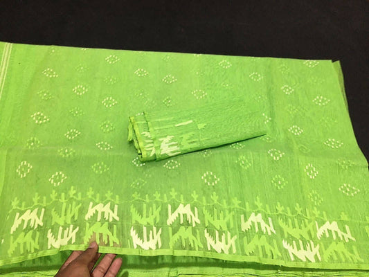 Original Dhakai Jamdani Saree, Beautiful Lime green-White thread work, Handloom Jamdani 84 count thread, Traditional,Elegant, Classy Saree