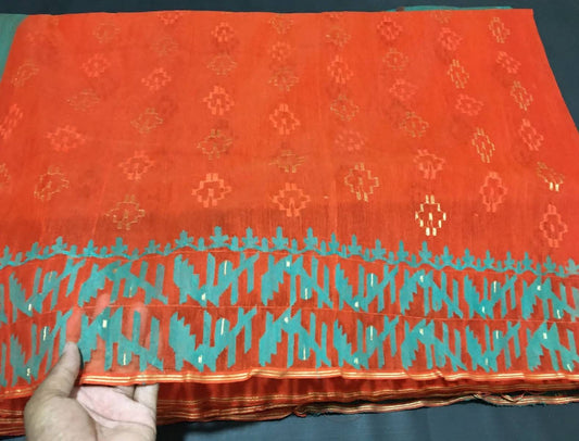 Exclusive Dhakai Jamdani Saree, Beautiful Orange - tourquise thread work, Handloom Jamdani 84 count thread, Traditional,Elegant,Classy Saree