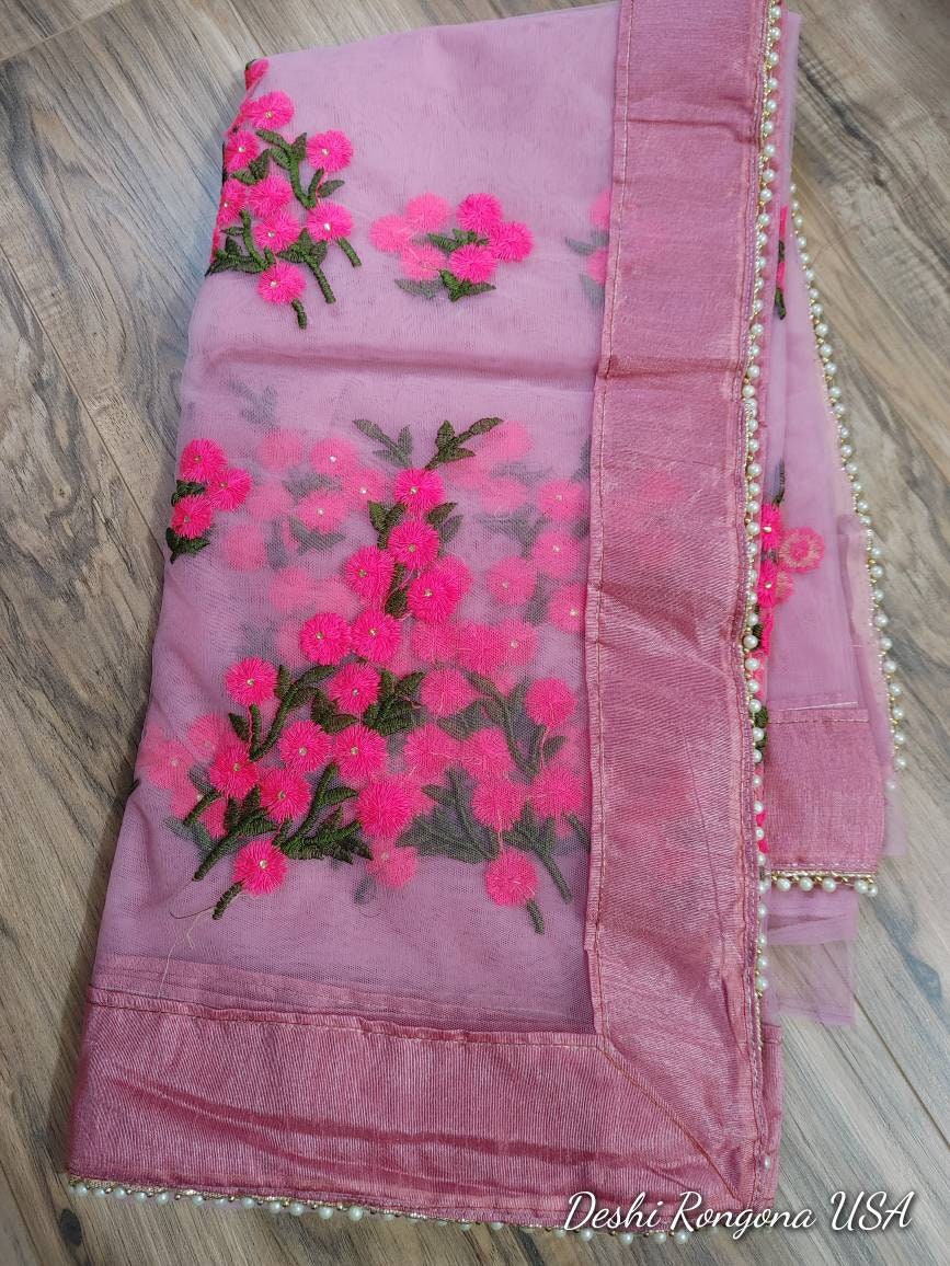 Beautiful Floral Embroidery on Weightless Net Saree, Cotton Silk Border with beaded lace, Perfect Summer look, 7 Beautiful Color Contrasts