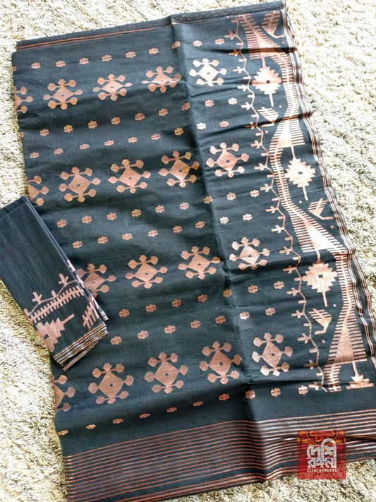 Original Dhakai Handloom Jamdani Black Saree. 64 Count, Halfsilk, Black with Rose golden Jari work,Fall/Piku/Tassel done, Made in Bangladesh