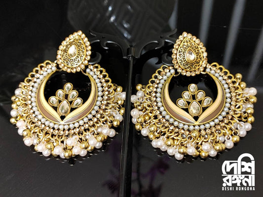 Metallic Glass Hollow Chandbali Earrings, Palace Banquet Retro Dangle Earrings, Gorgeous Jewelry