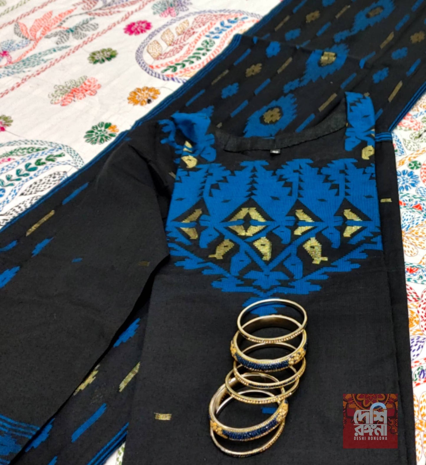Exclusive Handloom Dhakai Jamdani Cotton 3 piece, Black and Blue Combination, Soft, Comfortable Summer Wear. Kamij, Salwar and Dupatta