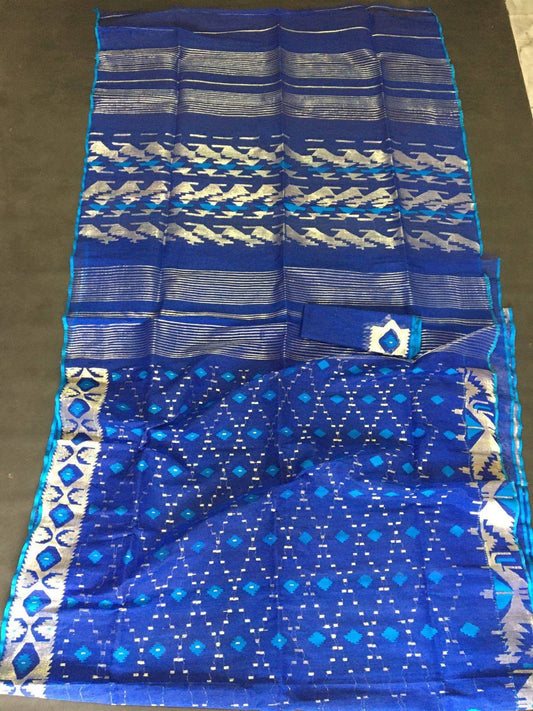 Original Dhakai Handloom Jamdani Saree, Royal Blue with Siver Jari work allover, 84 count thread, Traditional,Elegant,Classy Saree