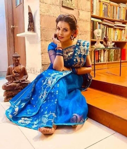 Dhakai Handloom Jamdani Saree, Royal Blue with Siver Jari work allover, 84 count thread, Traditional,Elegant,Classy Saree
