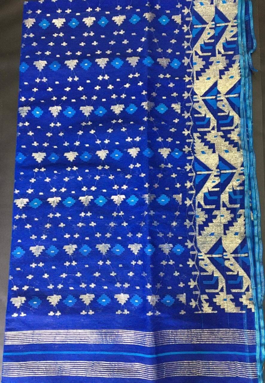 Dhakai Handloom Jamdani Saree, Royal Blue with Siver Jari work allover, 84 count thread, Traditional,Elegant,Classy Saree