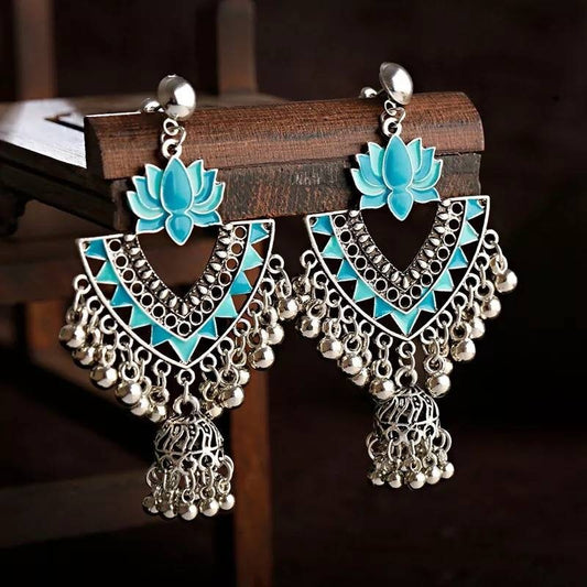Oxidized Lotus Jhumka Earrings, Palace Banquet Retro Dangle Earrings, Gorgeous Jewelry