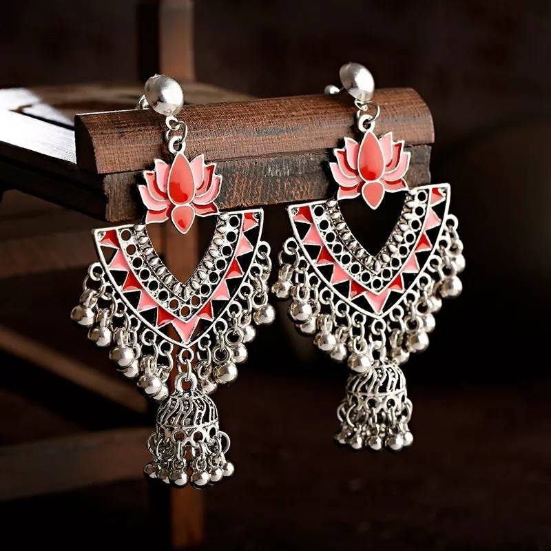 Oxidized Lotus Jhumka Earrings, Palace Banquet Retro Dangle Earrings, Gorgeous Jewelry