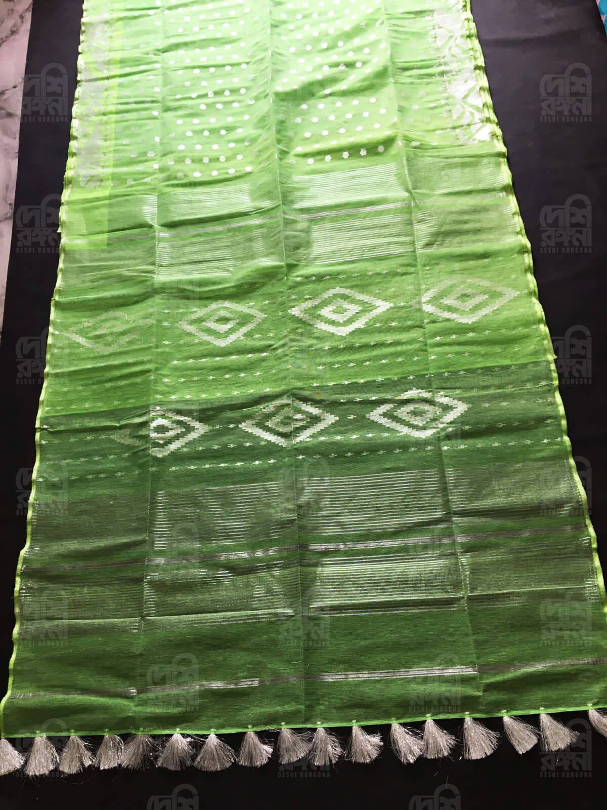 Exclusive Dhakai Jamdani Saree Beautiful Lime Green-Silver Jari Contrast, Handloom, 84 count threaded,Traditional,Elegant, Classy and Saree