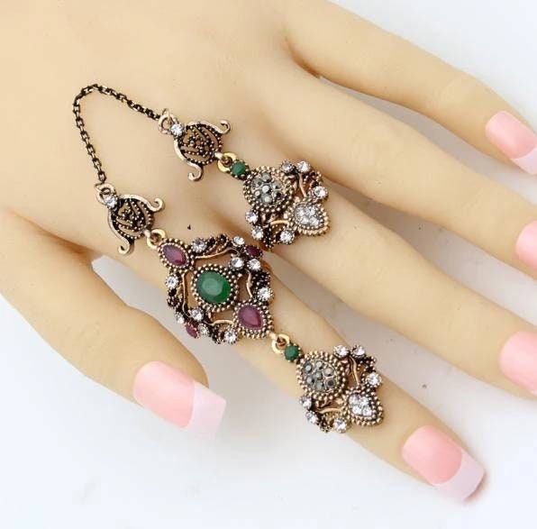 Nobby Flower Double Finger Ring Turkish Women Antique Crystal Ethnic Chain Rings Royal Ladies Arabesque Jewelry