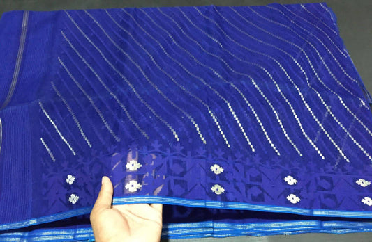 Dhakai Jamdani Saree, Beautiful Royal Blue Color, Handloomed Jamdani 100 count threaded, Traditional,Elegant, Classy Party Saree