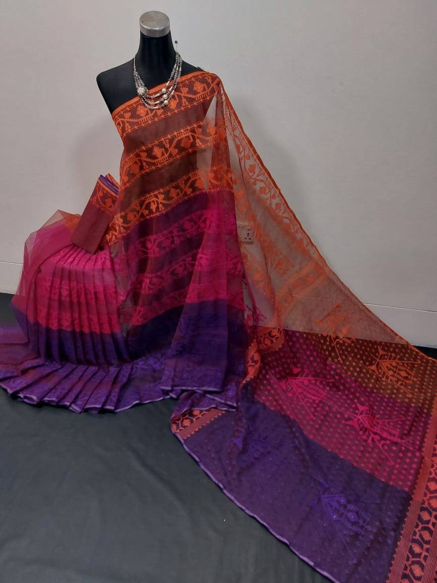 Extraordinary Original Dhakai Jamdani, Pure Silk, Handwoven Soft Jamdani Saree, 3 beautiful color contrast allover work, 100 count thread