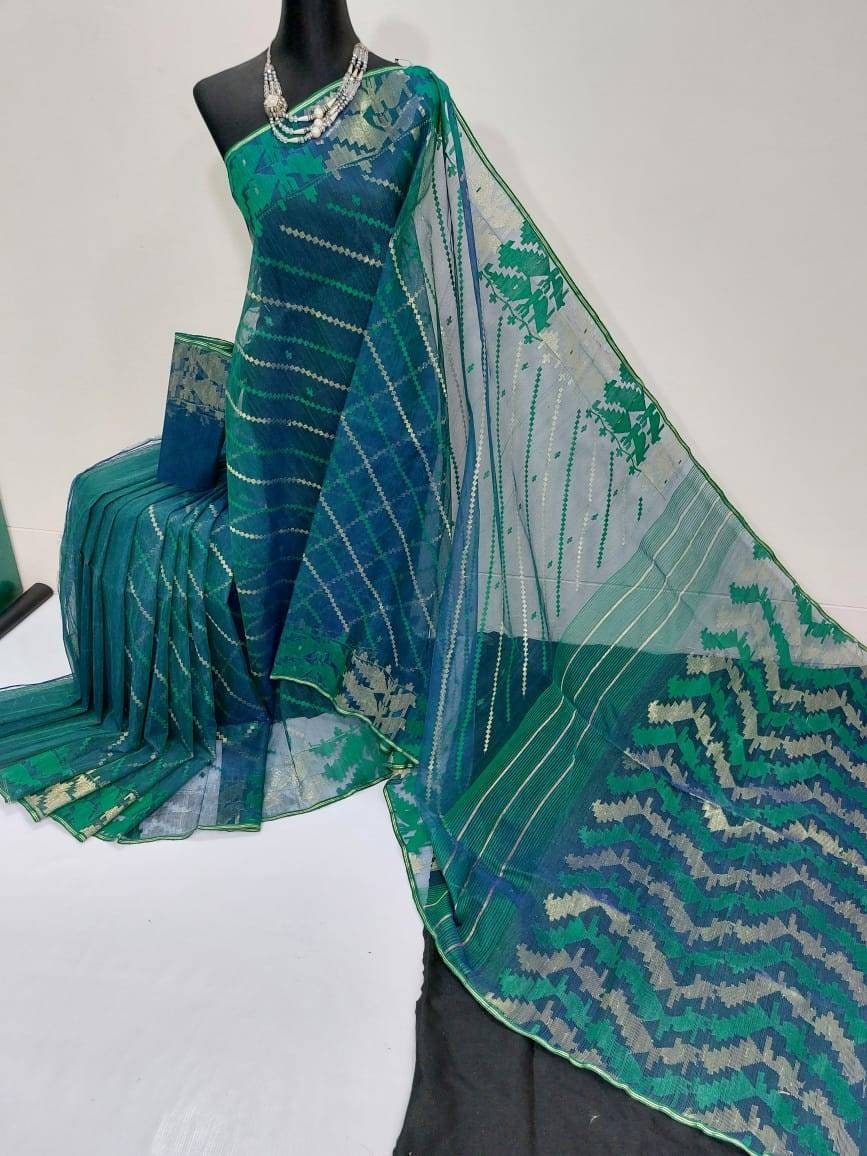 Dhakai Handloom Jamdani Saree,Beautiful Peacock color with thread work  allover,100 count thread, Traditional,Elegant,Classy Saree