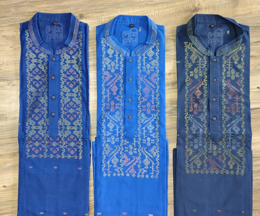 Blue Dhakai Jamdani Pure Cotton Punjabi, Handloom, Comfortable, Elegant, Made in Dhaka, Bangladesh, Loose Fit