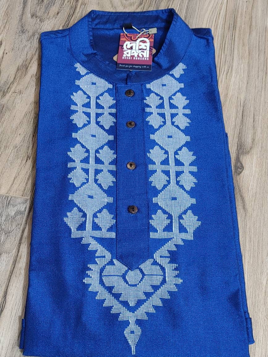 Dhakai Jamdani Punjabi, Handloom Cotton-Tosshor Silk Punjabi, SLIM FIT, Comfortable, Elegant and Classy, Handmade in Bangladesh