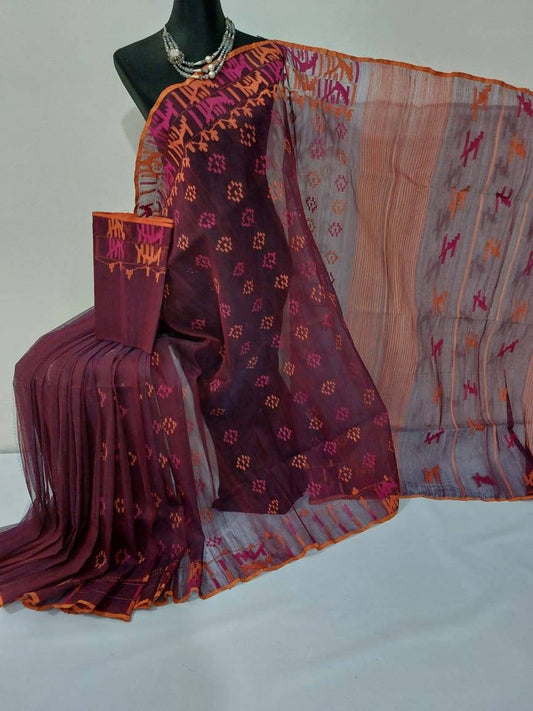 Dhakai Jamdani Saree, Beautiful Burgundy color, Orange thread work, Handloom 84 count thread, Traditional,Elegant,Classy Saree