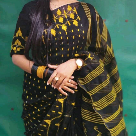 Exclusive Dhakai Jamdani Saree Black/Yellow Contrast Work, Handloom Jamdani 64 count threaded, Traditional,Elegant, Classy Saree