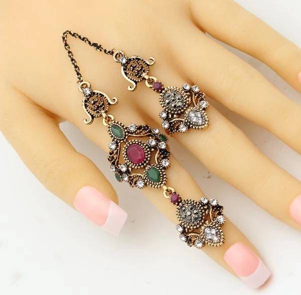 Nobby Flower Double Finger Ring Turkish Women Antique Crystal Ethnic Chain Rings Royal Ladies Arabesque Jewelry