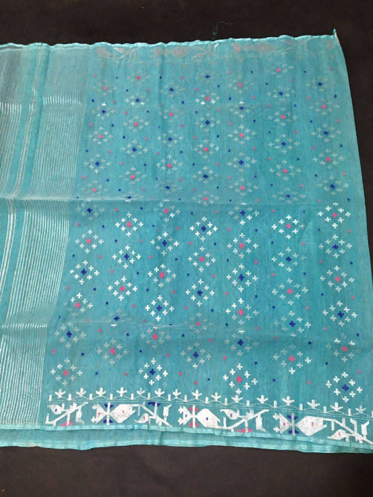 Original Dhakai Jamdani Saree, Turquoise Color, Bangladeshi, Handloom Halfsilk Jamdani, 100 count thread, Traditional, Elegant, Classy Saree