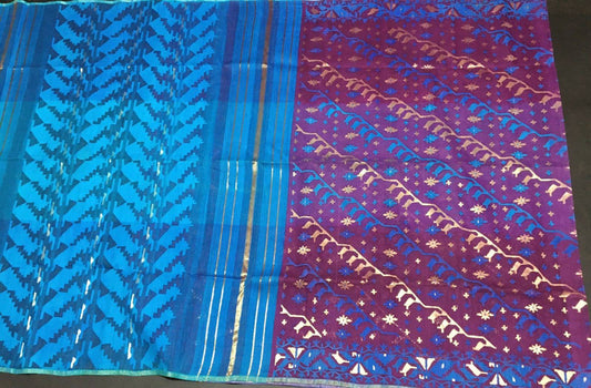 Dhakai Jamdani Saree, Royal Blue - Burgundy, Handloomed Jamdani 84 count cotton threaded, Traditional,Elegant, Classy Party Saree