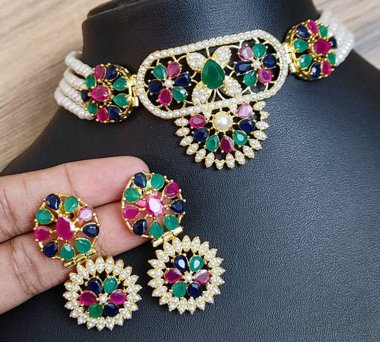 Jaypuri Chokar Set, Beautiful Multi Color AD stone and Faux Pearl Set. Simple but elegant jewelry for party