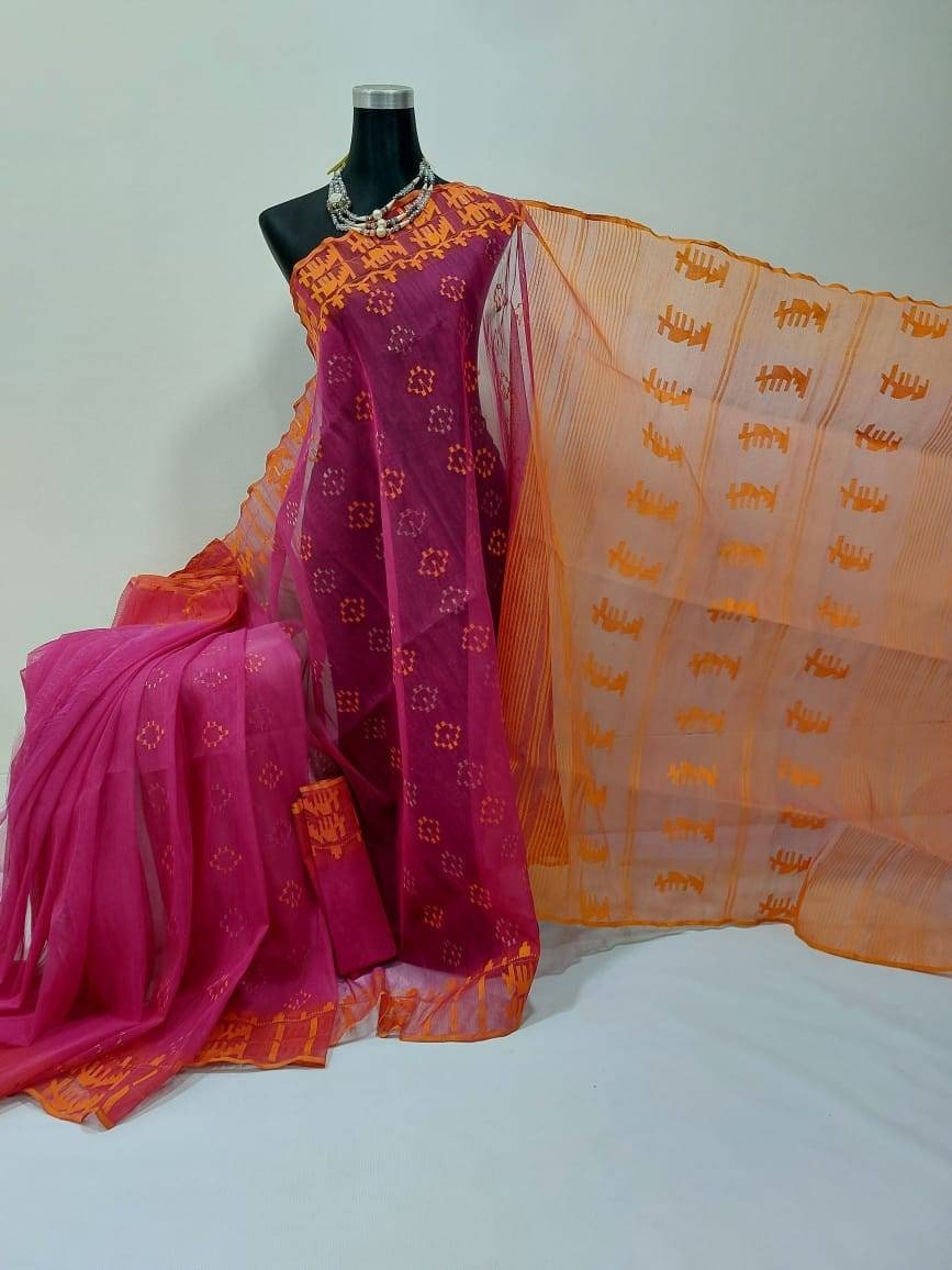 Original Dhakai Handloom Jamdani Saree,Beautiful Magenta with Orange thread work  allover,84 count thread, Traditional,Elegant,Classy Saree