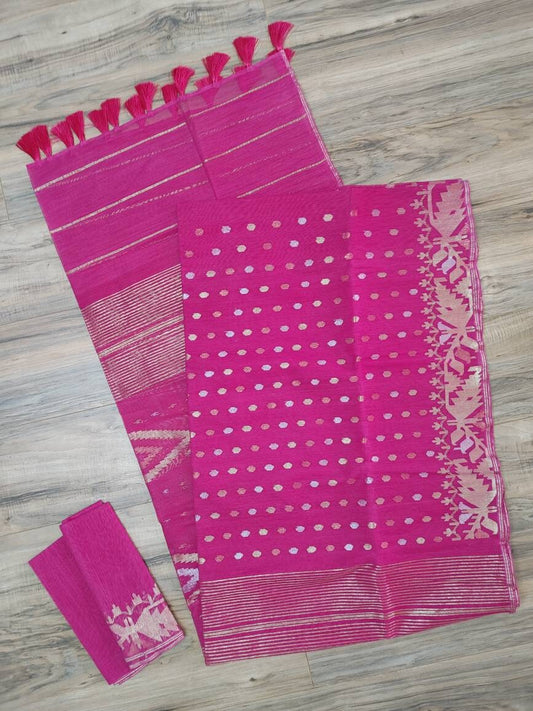 Dhakai Jamdani Saree, Magenta with Golden/Silver Jari Work, 60/80 Count