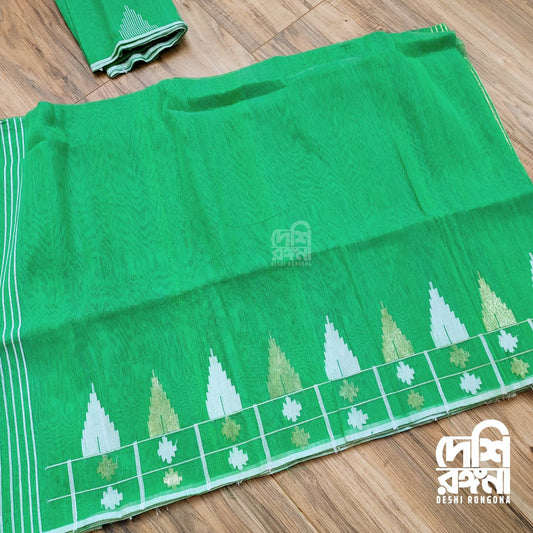 Dhakai Jamdani Saree Beautiful Green Contrast Handloomed Jamdani 60 count threaded, Traditional,Elegant, Classy and Saree