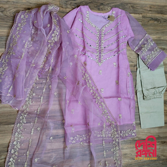 Pakistani Organza Dress, Beautiful Real Mirror and Embroidery work, Attached Silk inner, and Pant, Available in 3 Colors