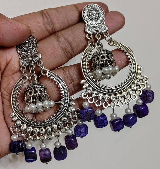 Oxidized Jhumka Earrings, purple, Natural beads, Palace Banquet Retro Dangle Earrings, Gorgeous Jewelry