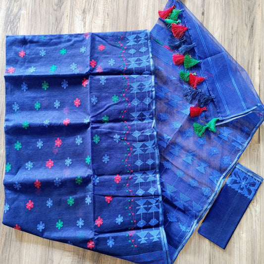 Original Dhakai Handloom Jamdani Saree, Blue Peacock color, multi color work allover, Halfsilk, 84 count, Elegant, Classy, Bangladeshi Saree