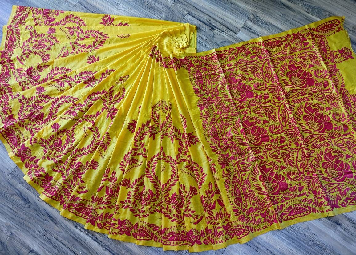 Extraordinary Hand Stiched Kantha Saree, Yellow Bangalore Silk with Red Kantha Works Allover, running blouse piece, Elegant,Classy Saree