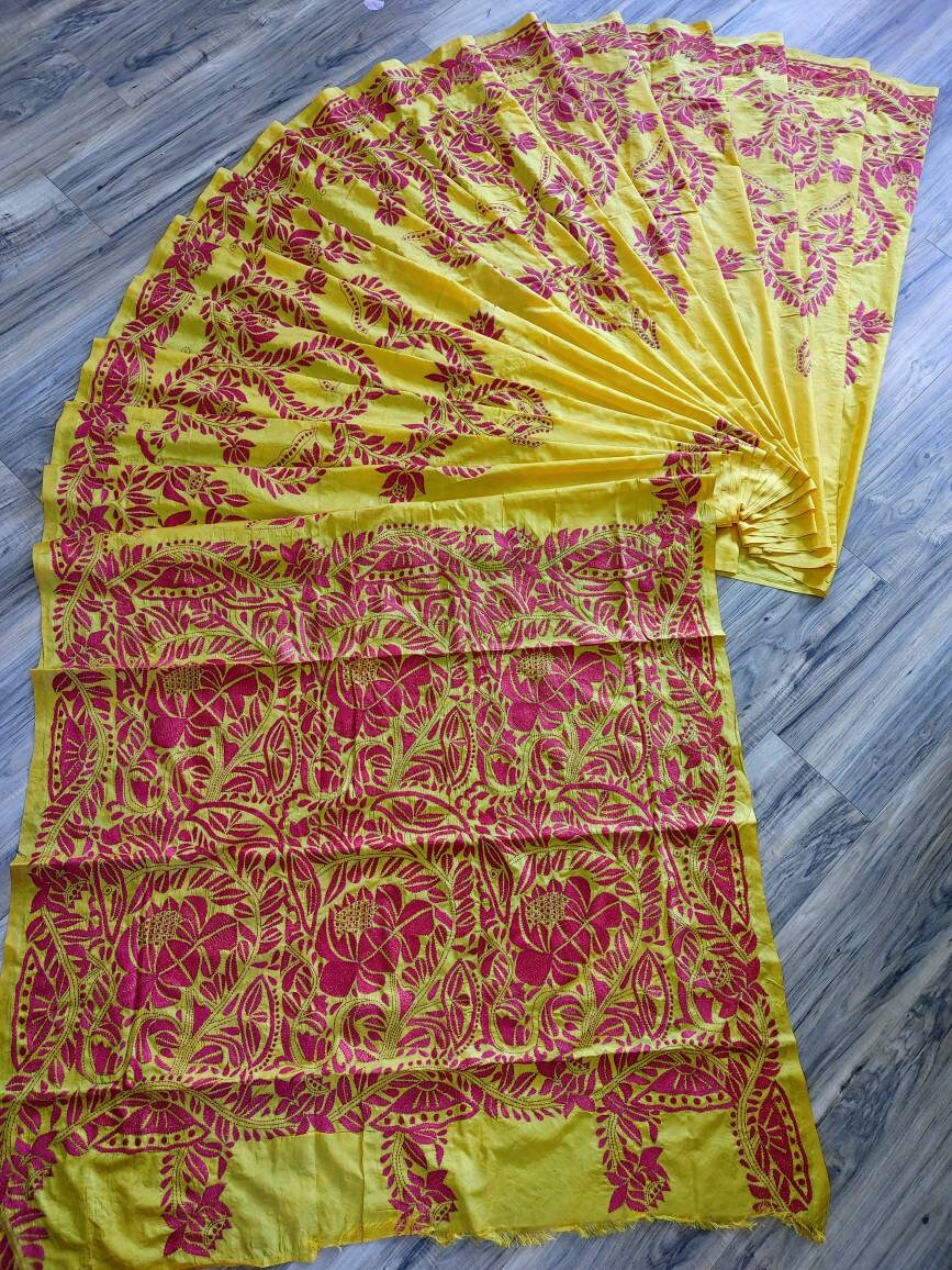 Extraordinary Hand Stiched Kantha Saree, Yellow Bangalore Silk with Red Kantha Works Allover, running blouse piece, Elegant,Classy Saree