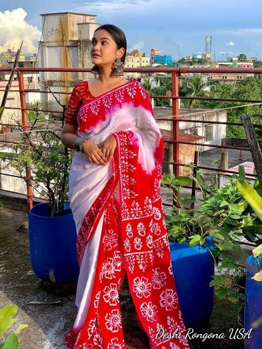 Silk Batik Saree, Hand Wax, Vegetable Died, beautiful color contrast, Running blouse piece. Saree will be exactly like the picture