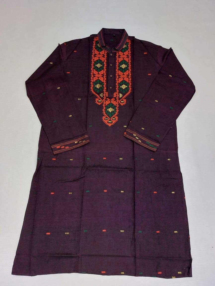 Pure Cotton Dhakai Jamdani Deep Burgundy Punjabi, Handloom, Comfortable, Elegant, Made in Dhaka, Bangladesh, Loose Fitting