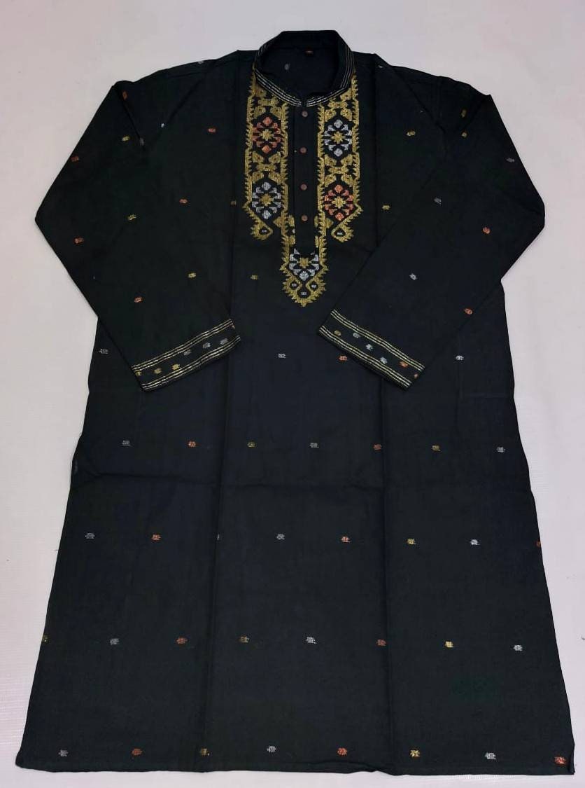 Pure Cotton Dhakai Jamdani Black Punjabi with 3 color jari work, Handloom, Comfortable, Elegant, Made in Dhaka, Bangladesh. Loose Fitting