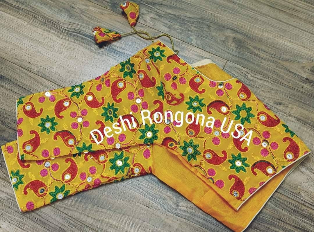 Elegant Readymade Yellow Pulkari Rajasthani Blouse that goes with any saree collection you have in your closet