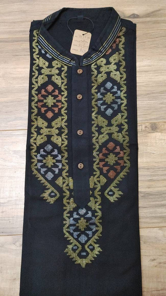 Original Dhakai Jamdani Men Punjabi, Pure Cotton, Handwoven, Black with Multi Jari Work, Comfortable, Elegant, Made in Dhaka, Bangladesh