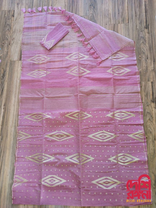 Original Dhakai Jamdani Saree, Beautiful Onion Pink and Golden thread work, Handloom, 84 count, Traditional,Elegant, Classy Party Saree