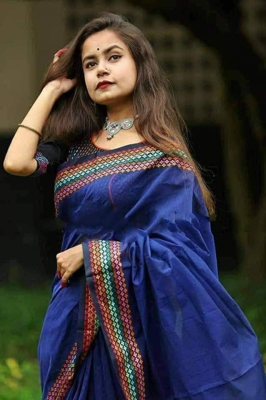 Nokshi Border Handwoven Cotton Saree. Blue with Beautiful Geometric Multi Color Border. Running Blouse Piece