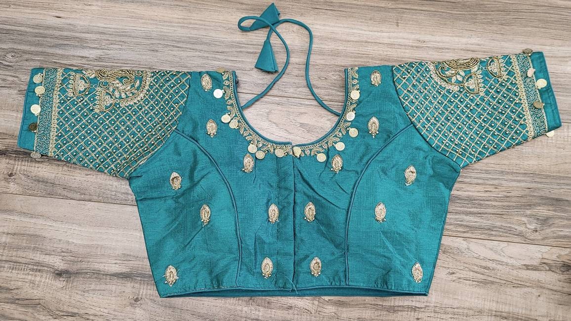 Designer Aari Sikka work Party Blouse, Ready Size 38, Alter upto 42, that goes with any Turquoise saree collection you have in your closet