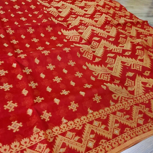 Semi Muslin-Cotton Jamdani Saree, Beautiful Red Golden Thread Work, Elegant,Classy Party Ware, Made in Tangail, Bangladesh