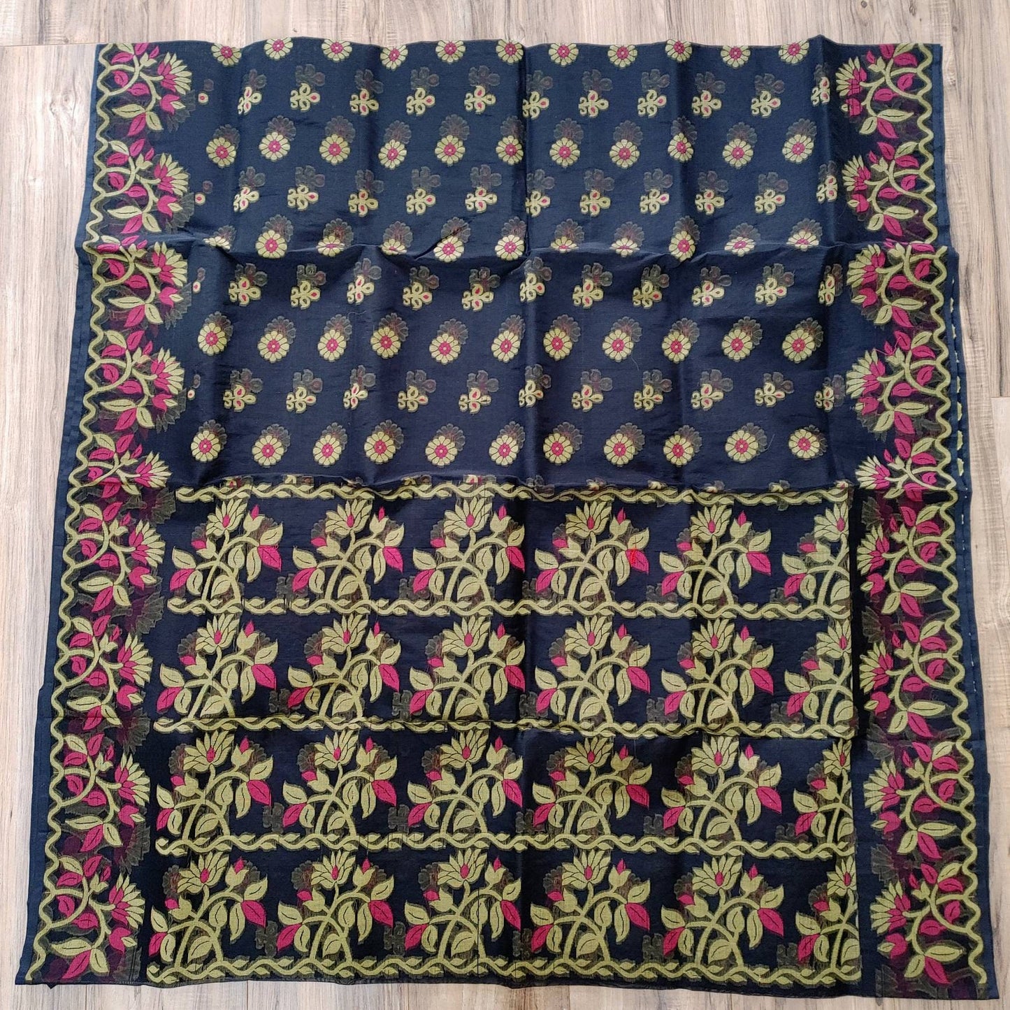 Tangail Tantuja Semi Muslin-Cotton Saree, Beautiful Black with Magenta-Golden Thread Work, Handwoven,Classy, Made in Tangail,Bangladesh