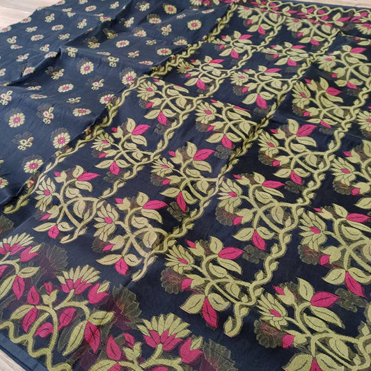Tangail Tantuja Semi Muslin-Cotton Saree, Beautiful Black with Magenta-Golden Thread Work, Handwoven,Classy, Made in Tangail,Bangladesh