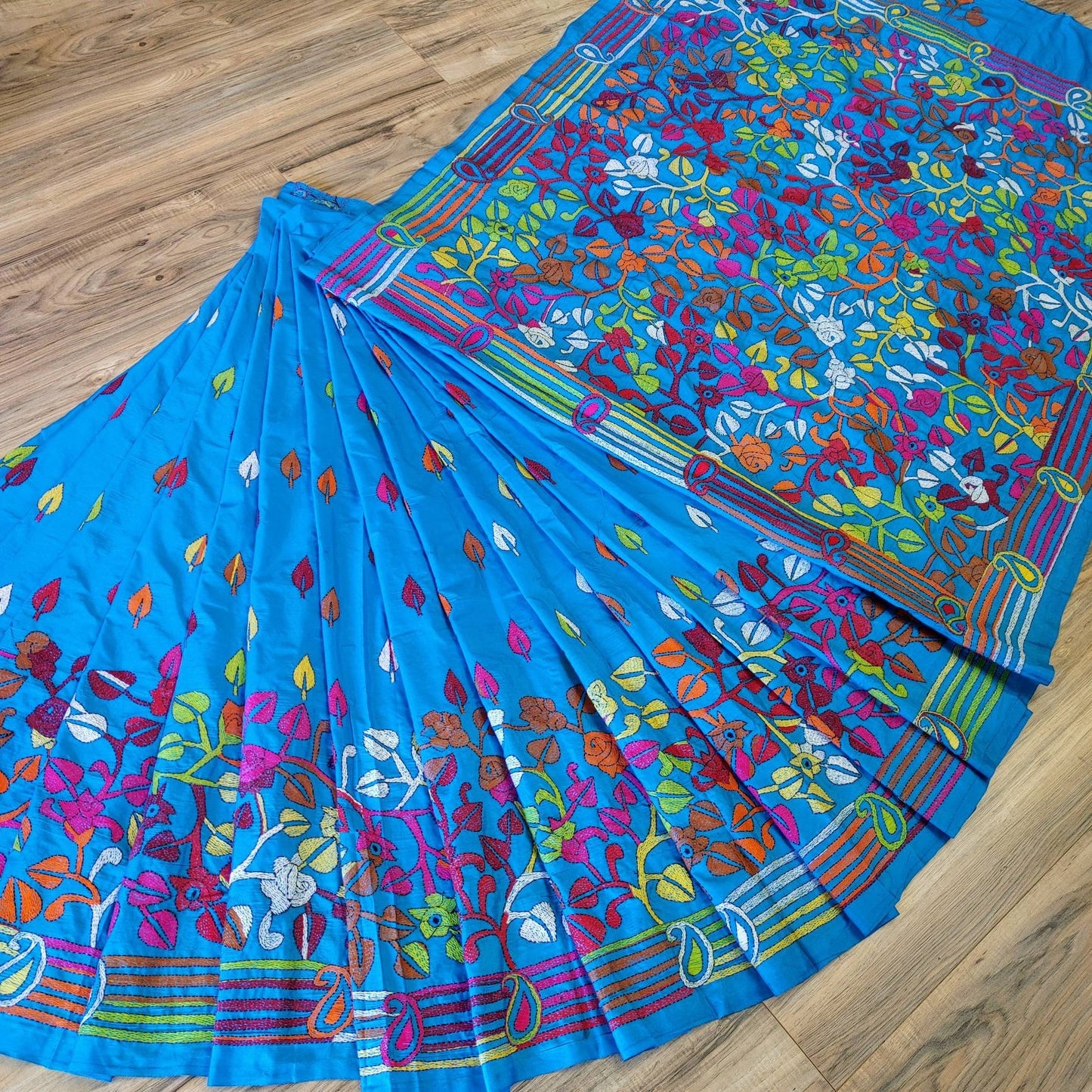 Extraordinary Hand Stiched Kantha Saree, Blue Bangalore Silk with Multi color Kantha Works, running blouse piece, Elegant,Classy Saree