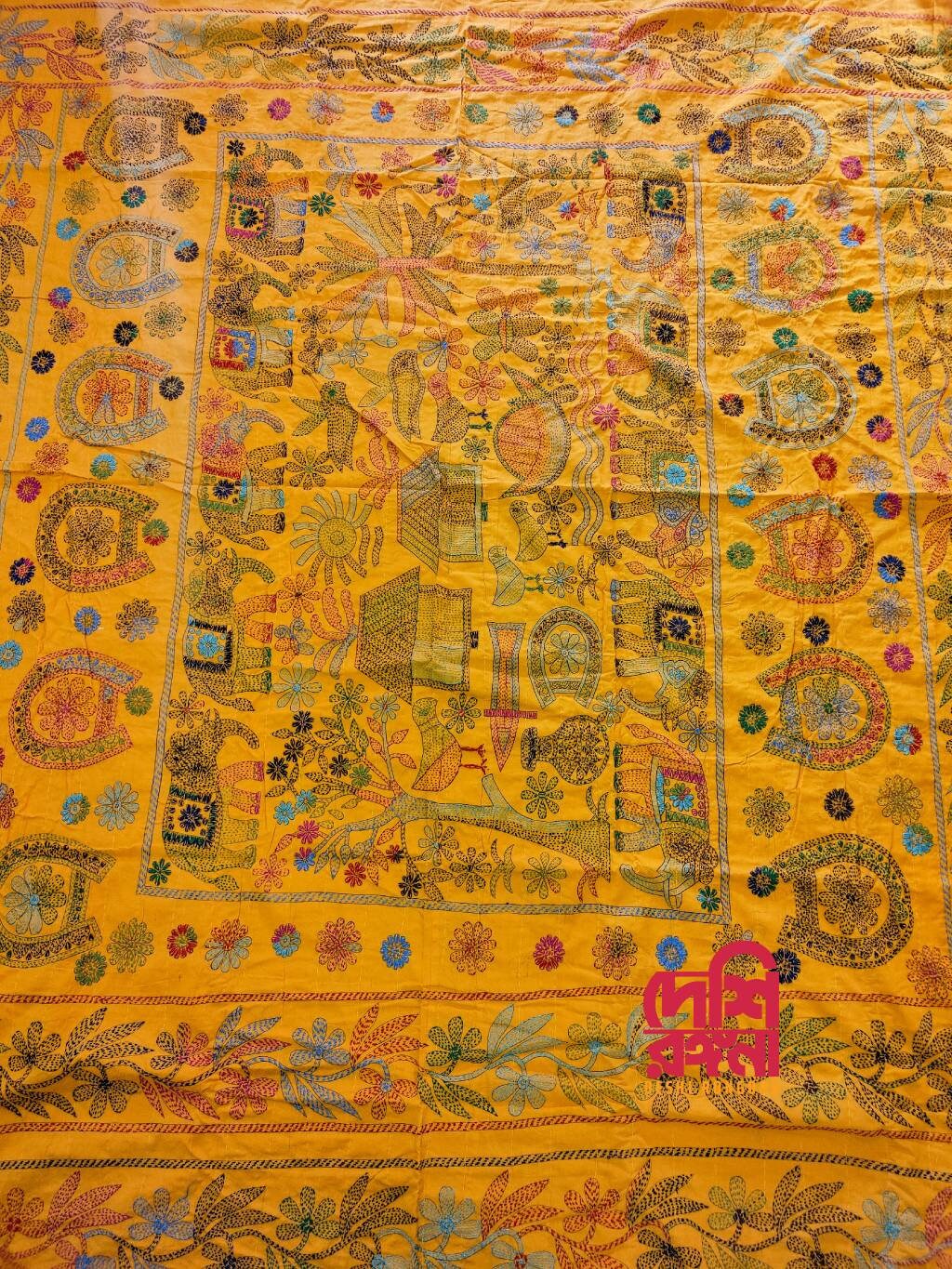 Hand Stitched Nokhsi Kantha, Cotton Bed Cover Quilt, Exclusive Art, Traditional Floral Hand Stitched Art, Made in Jashore, Bangladesh