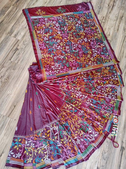 Extraordinary Hand Stiched Kantha Saree, Maroon Bangalore Silk with Multi color Kantha Works, running blouse piece, Elegant,Classy Saree