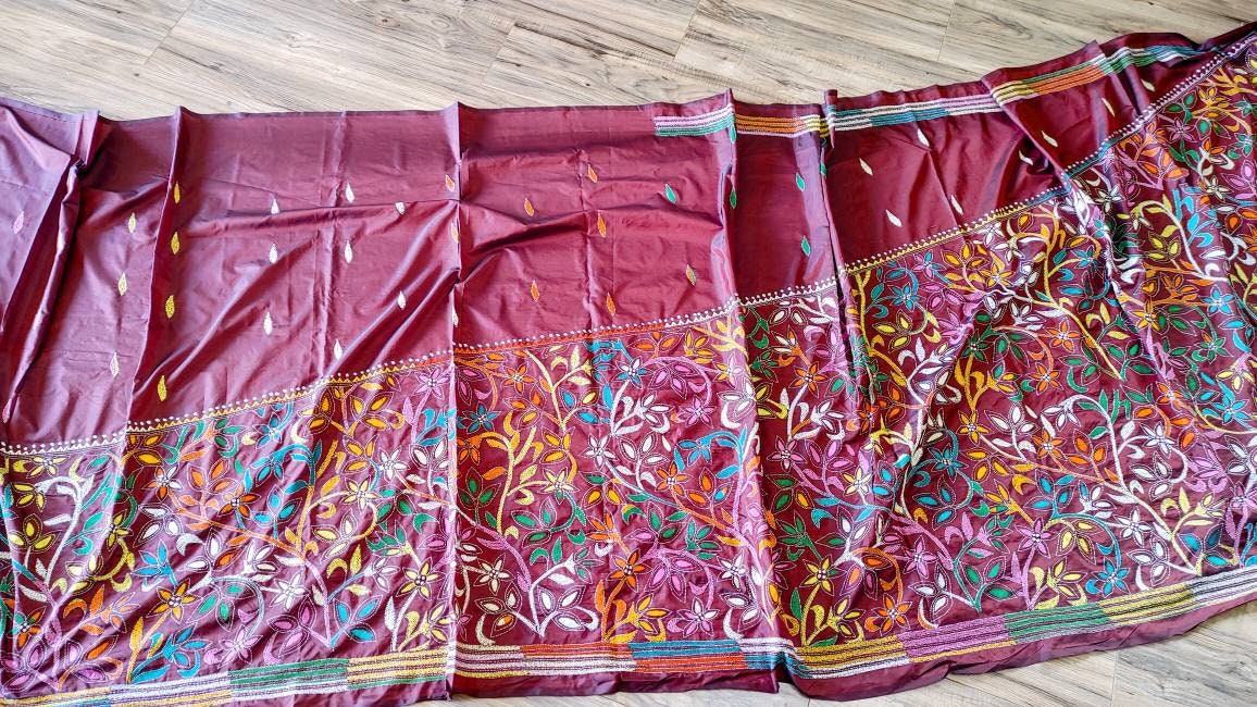 Extraordinary Hand Stiched Kantha Saree, Maroon Bangalore Silk with Multi color Kantha Works, running blouse piece, Elegant,Classy Saree